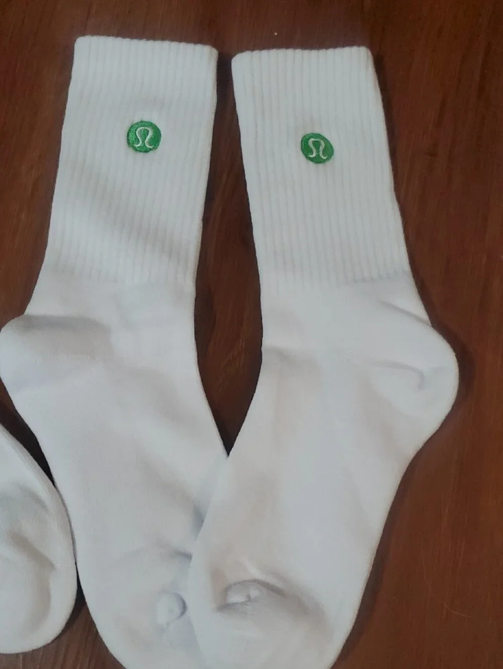 lululemon athletica White Crew Socks with Green and Teal Logo Accents